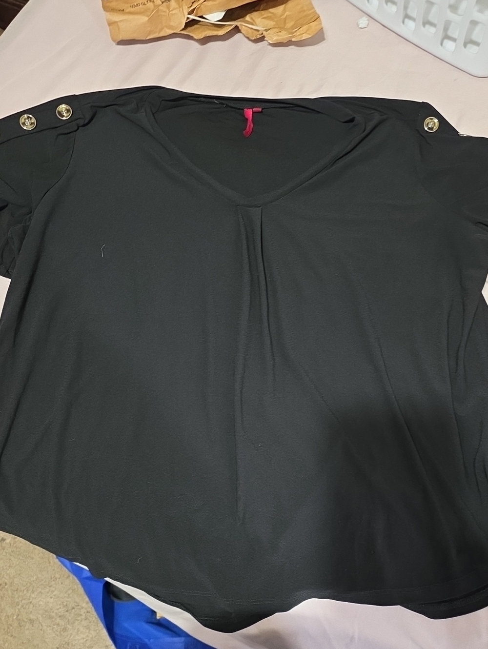 Black V-Neck Short Sleeve Top with Shoulder Button Detail